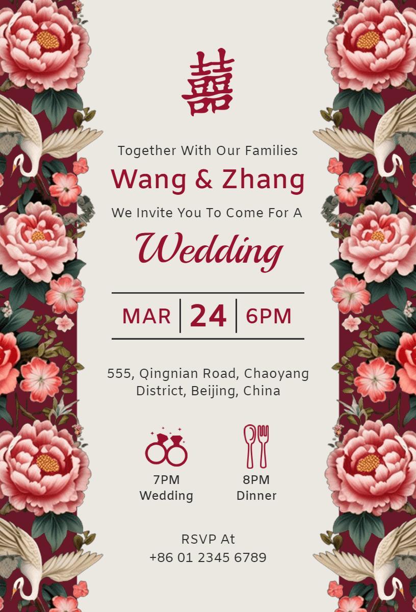 Elegant Floral Chinese Wedding Celebration Invitation Template