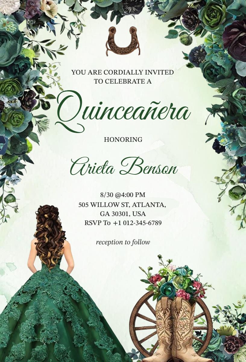 Elegant Floral Cowboy Themed Quinceanera Invitation Template