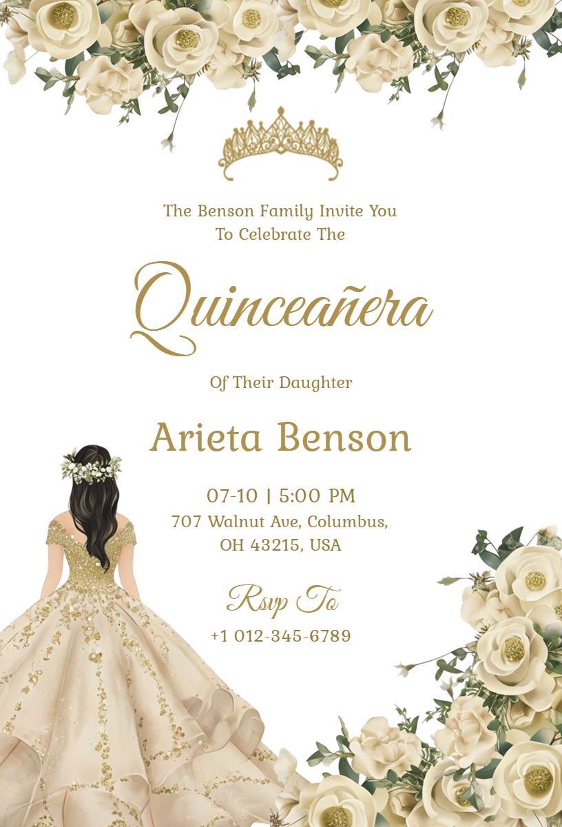 Elegant Floral Crown Quinceanera Birthday Celebration Invitation Template