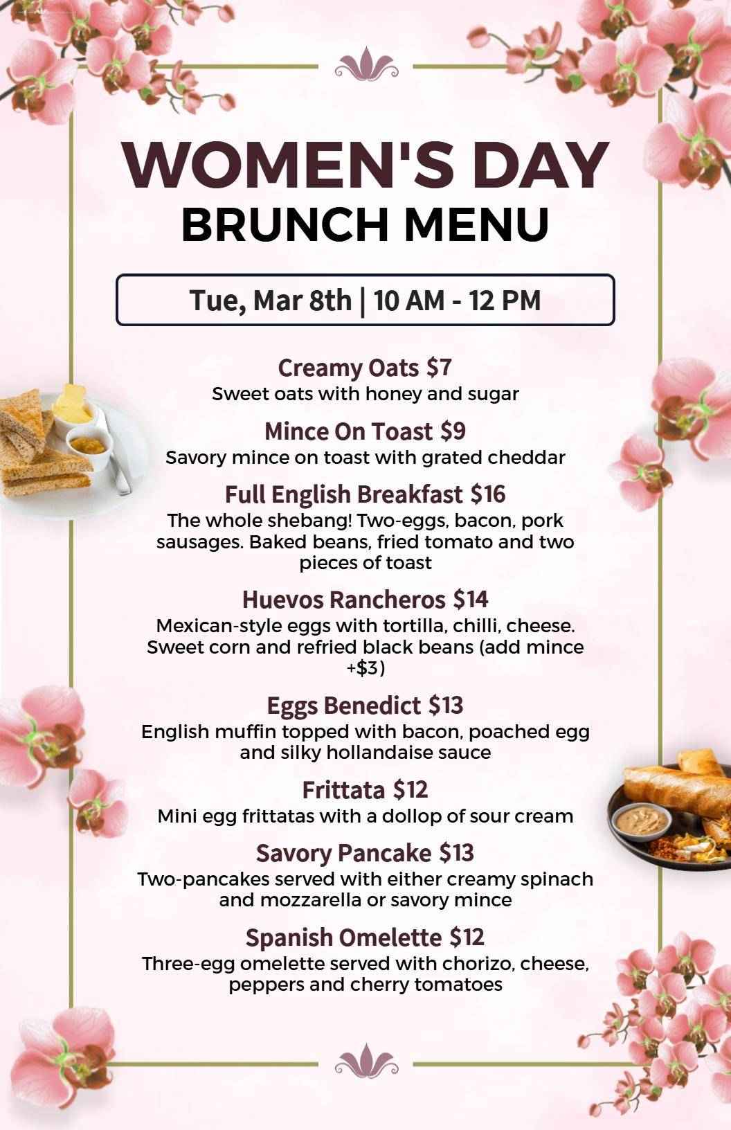 Elegant Floral Design Women's Day Brunch Menu Template