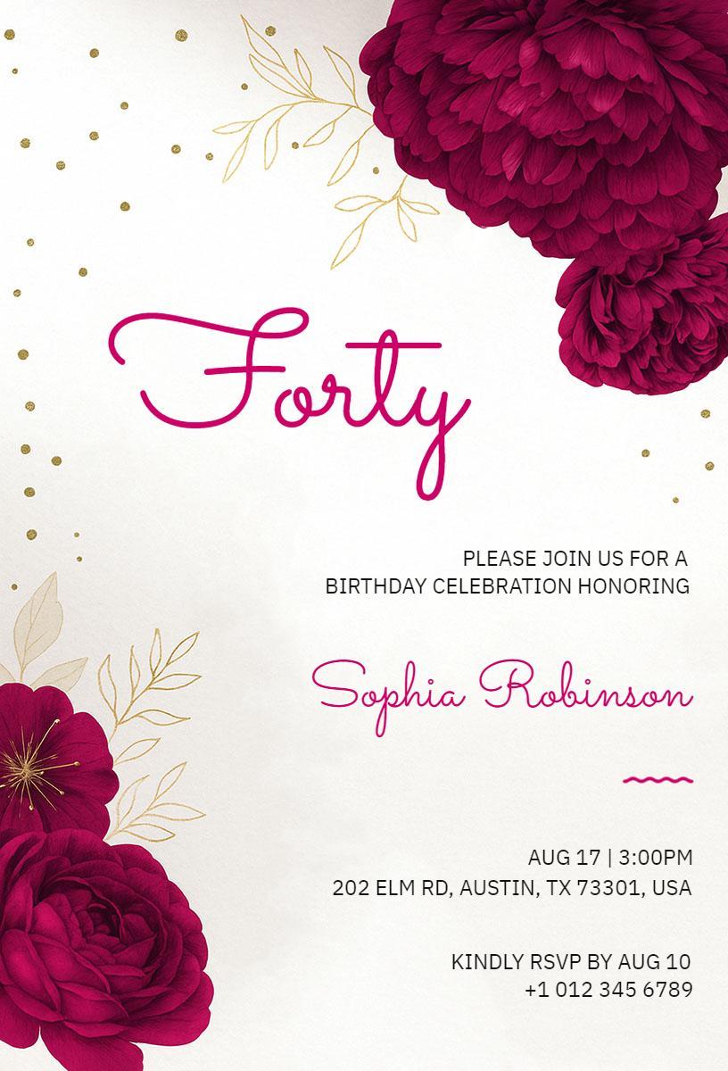 Elegant Floral Fortieth Birthday Celebration Invitation Template
