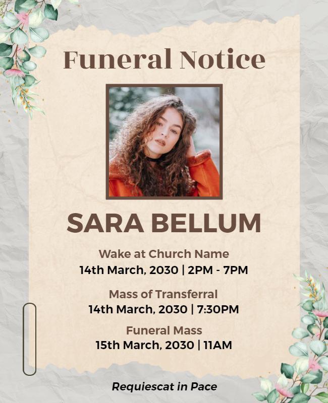 Elegant Floral Funeral Notice Flyer Template