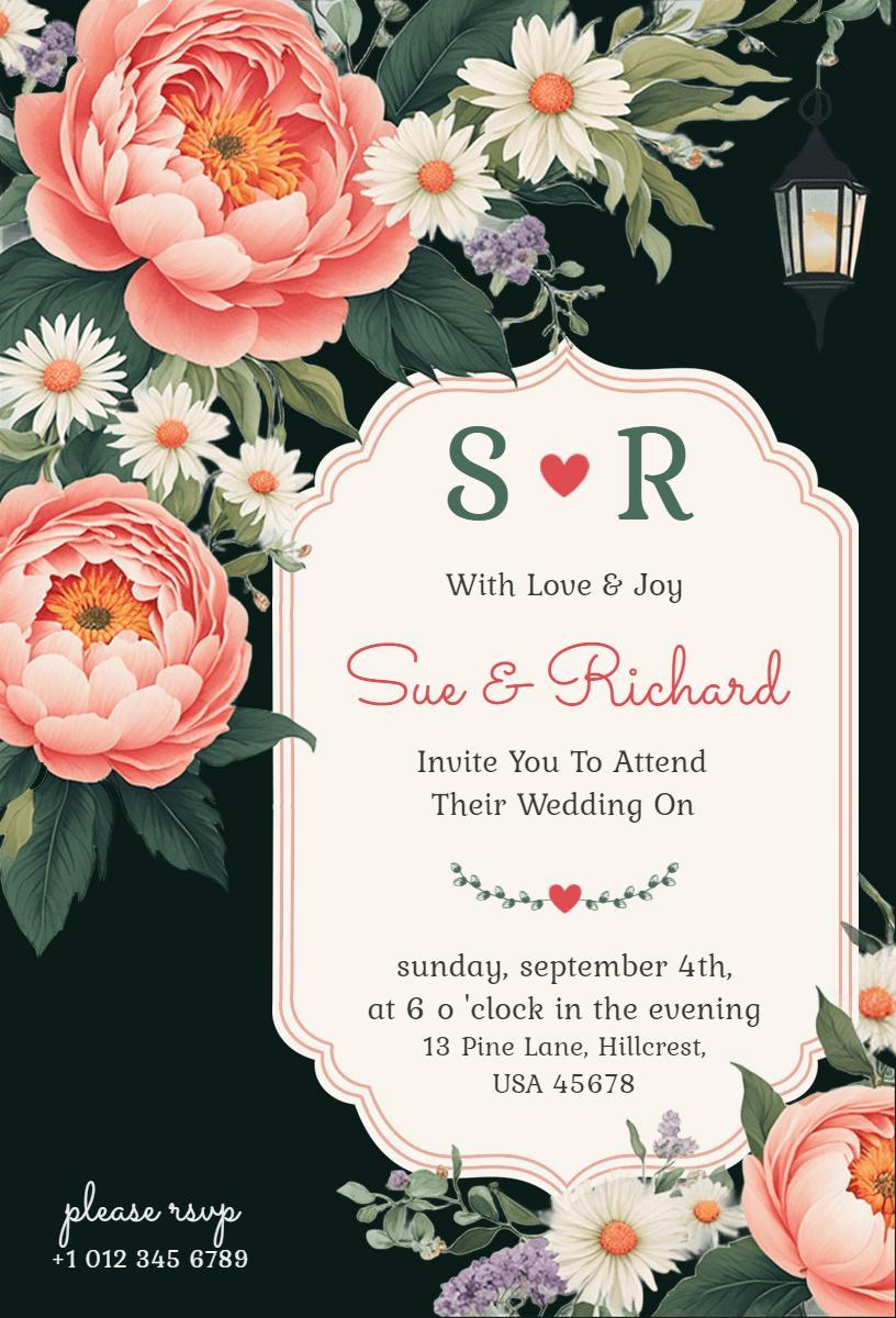 Elegant Floral Garden Wedding Celebration Invitation Template