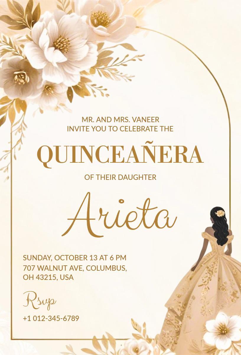 Elegant Floral Gold Quinceanera Celebration Invitation Template