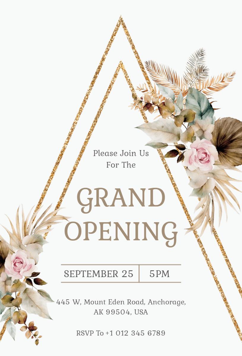 Elegant Floral Gold Triangle Grand Opening Invitation Template