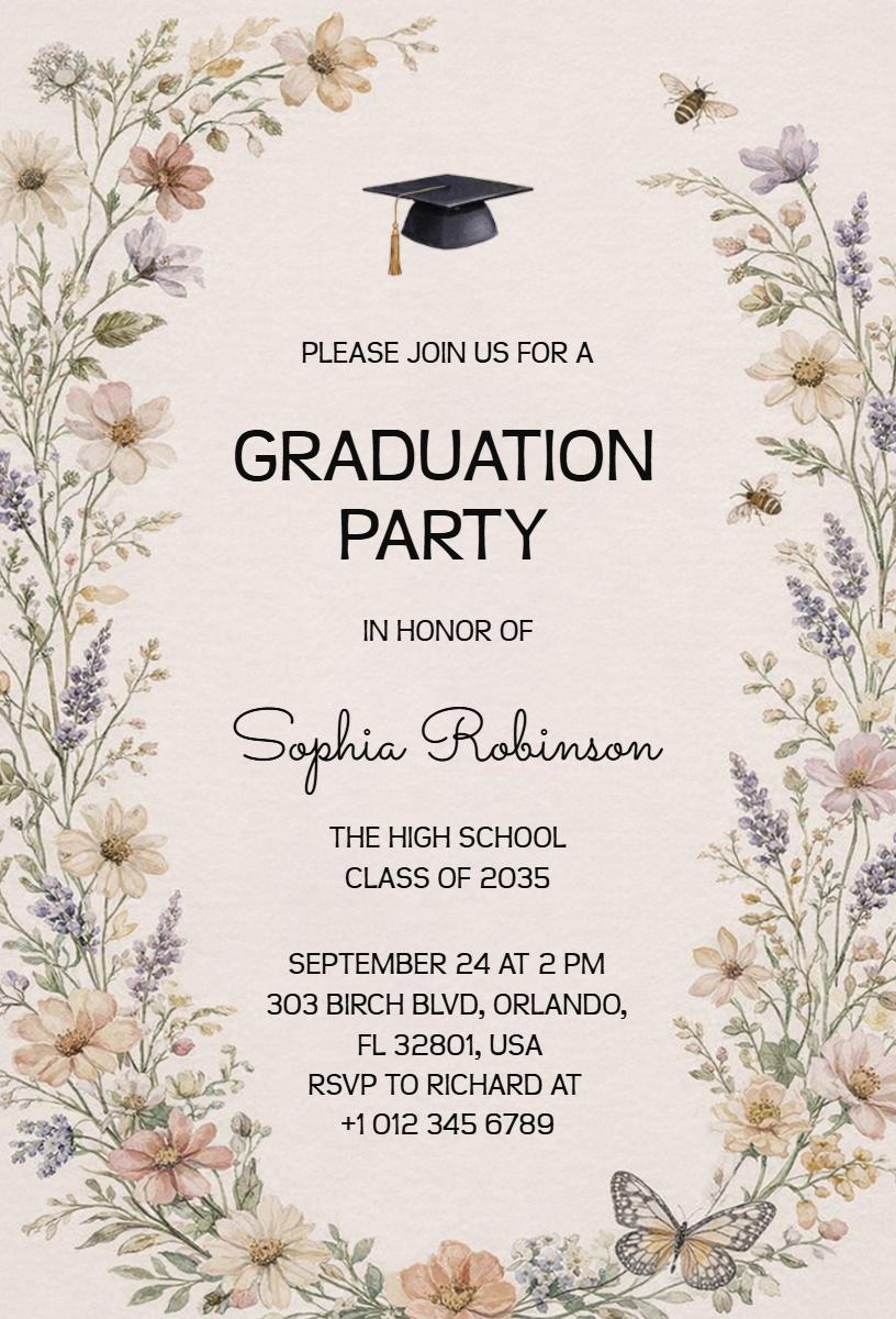Elegant Floral Graduation Party Celebration Invitation Template
