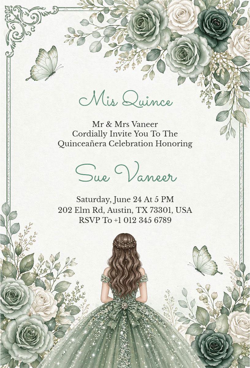 Elegant Floral Green Quinceanera Celebration Invitation Template