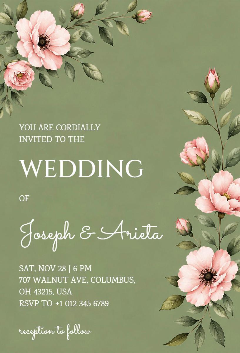 Elegant Floral Green Wedding Ceremony Invitation Template