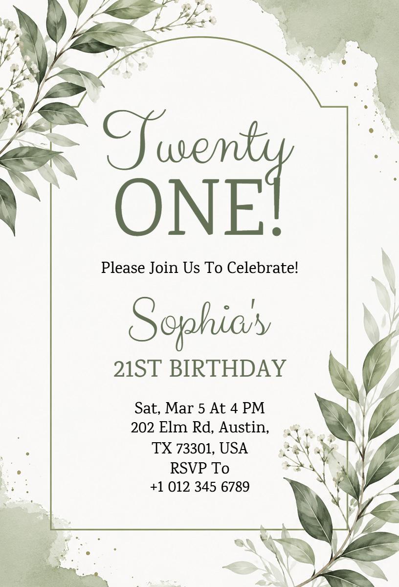 Elegant Floral Greenery 21st Birthday Celebration Invitation Template
