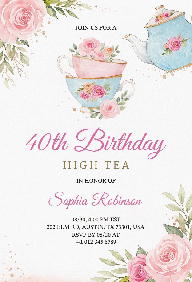 Elegant Floral High Tea 40th Birthday Invitation Template