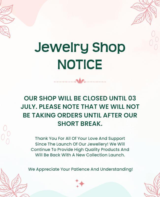 Elegant Floral Jewelry Shop Closure Notice Poster Template