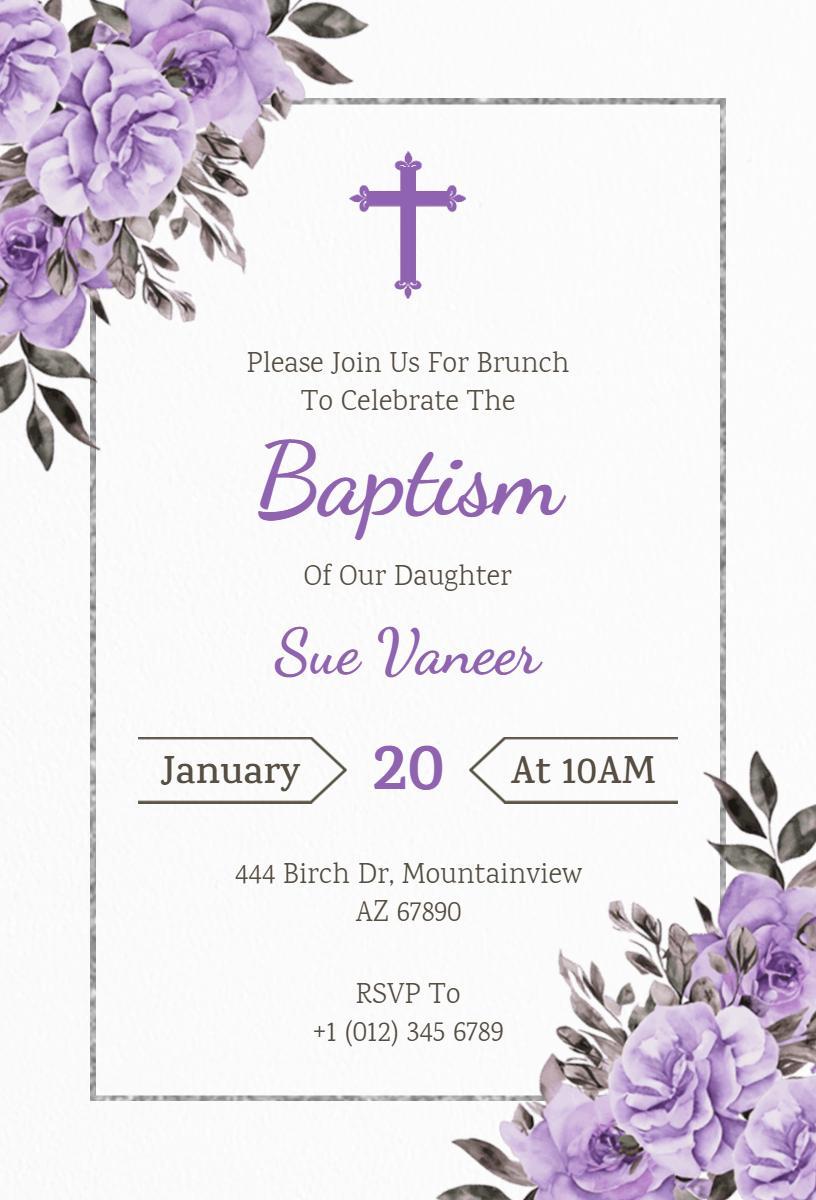 Elegant Floral Lavender Baptism Celebration Invitation Template