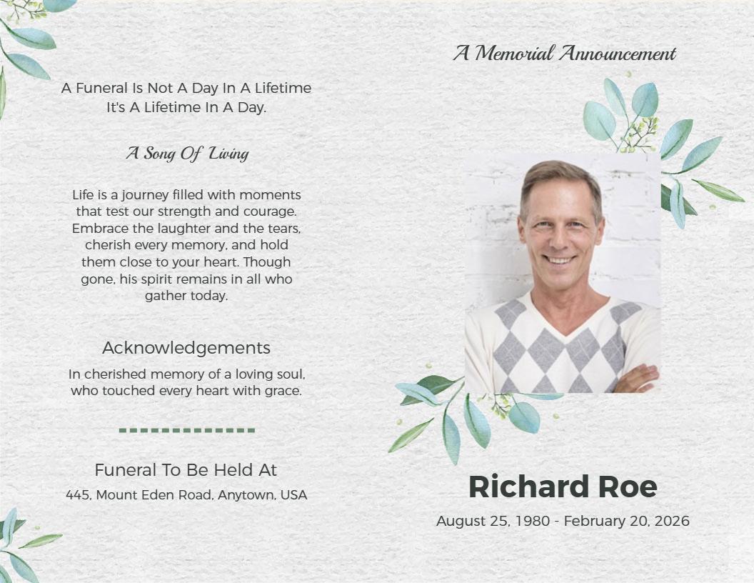 Elegant Floral Memorial Announcement and Funeral Brochure Template