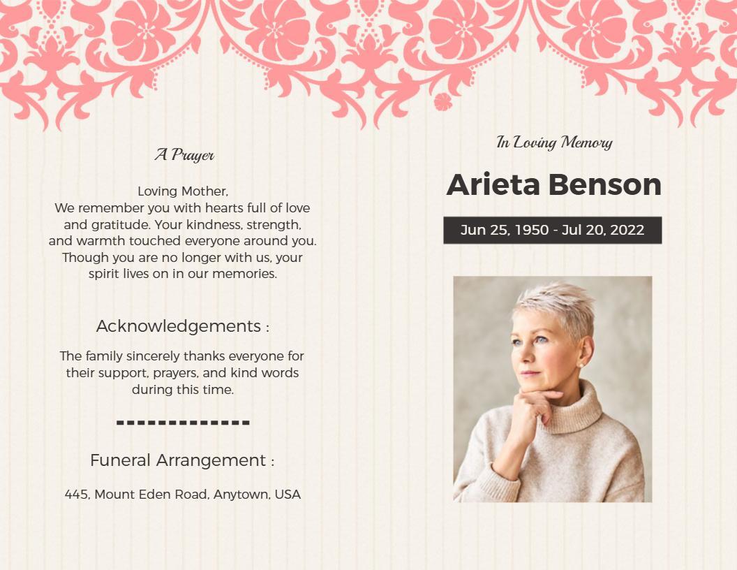 Elegant Floral Memorial Tribute with Prayer Funeral Brochure Template