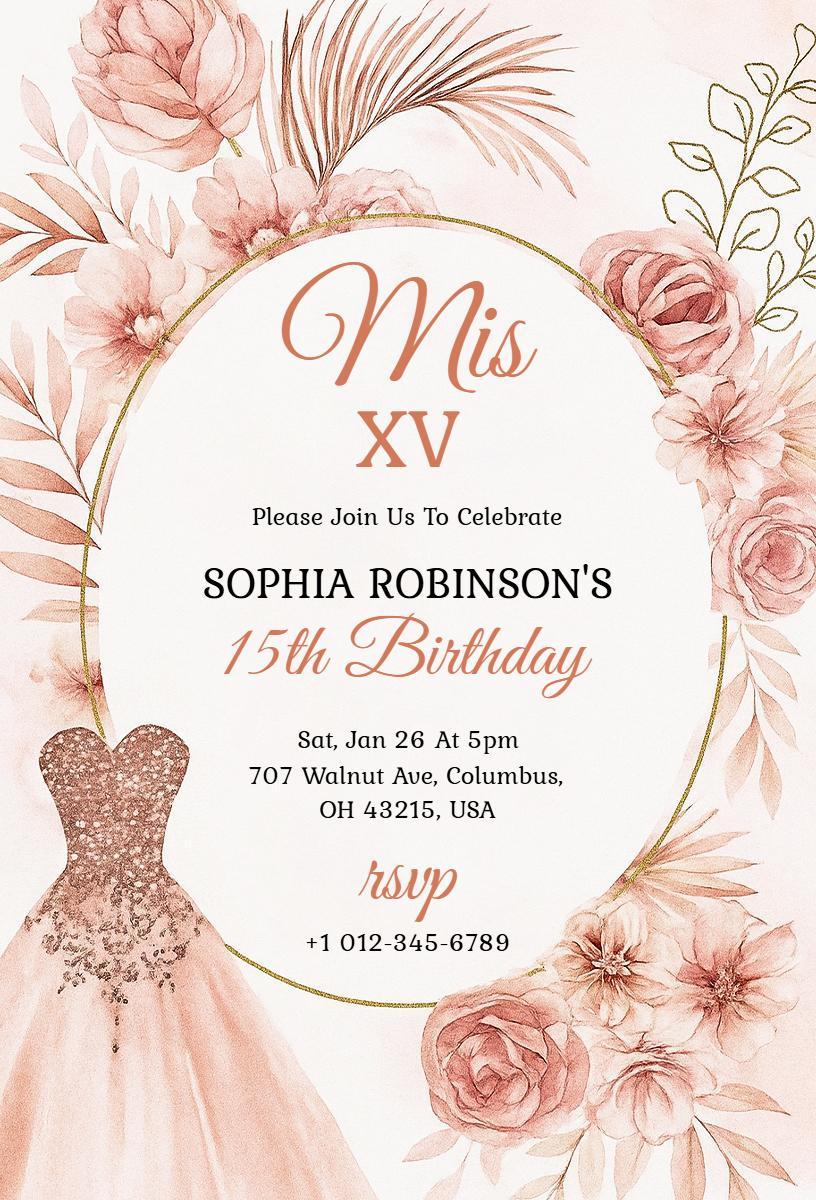 Elegant Floral Mis XV 15th Birthday Celebration Invitation Template