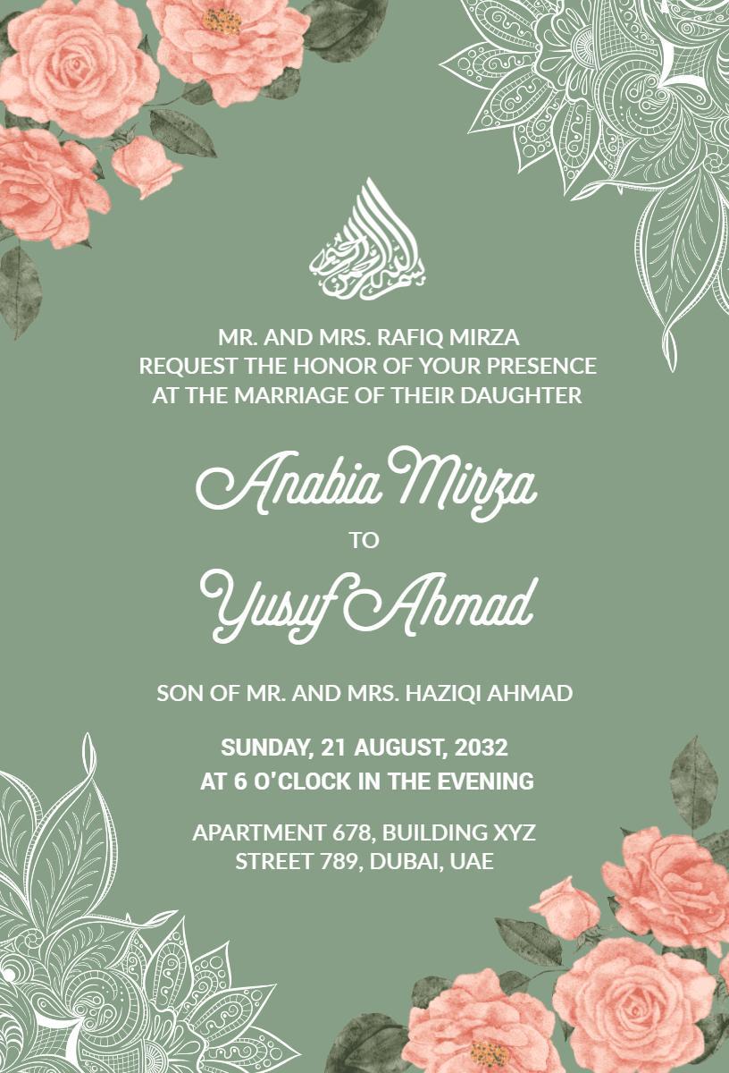Elegant Floral Muslim Wedding Celebration Invitation Template