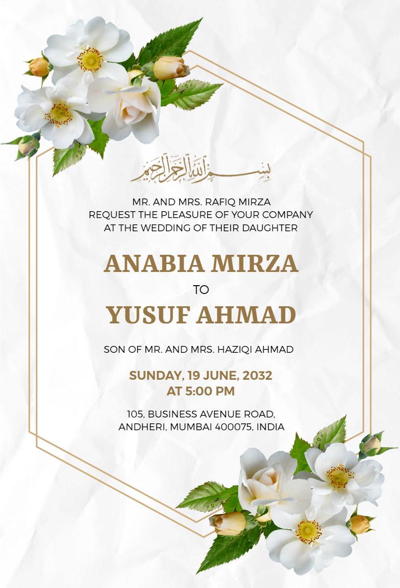 Elegant Floral Muslim Wedding Ceremony Invitation Template