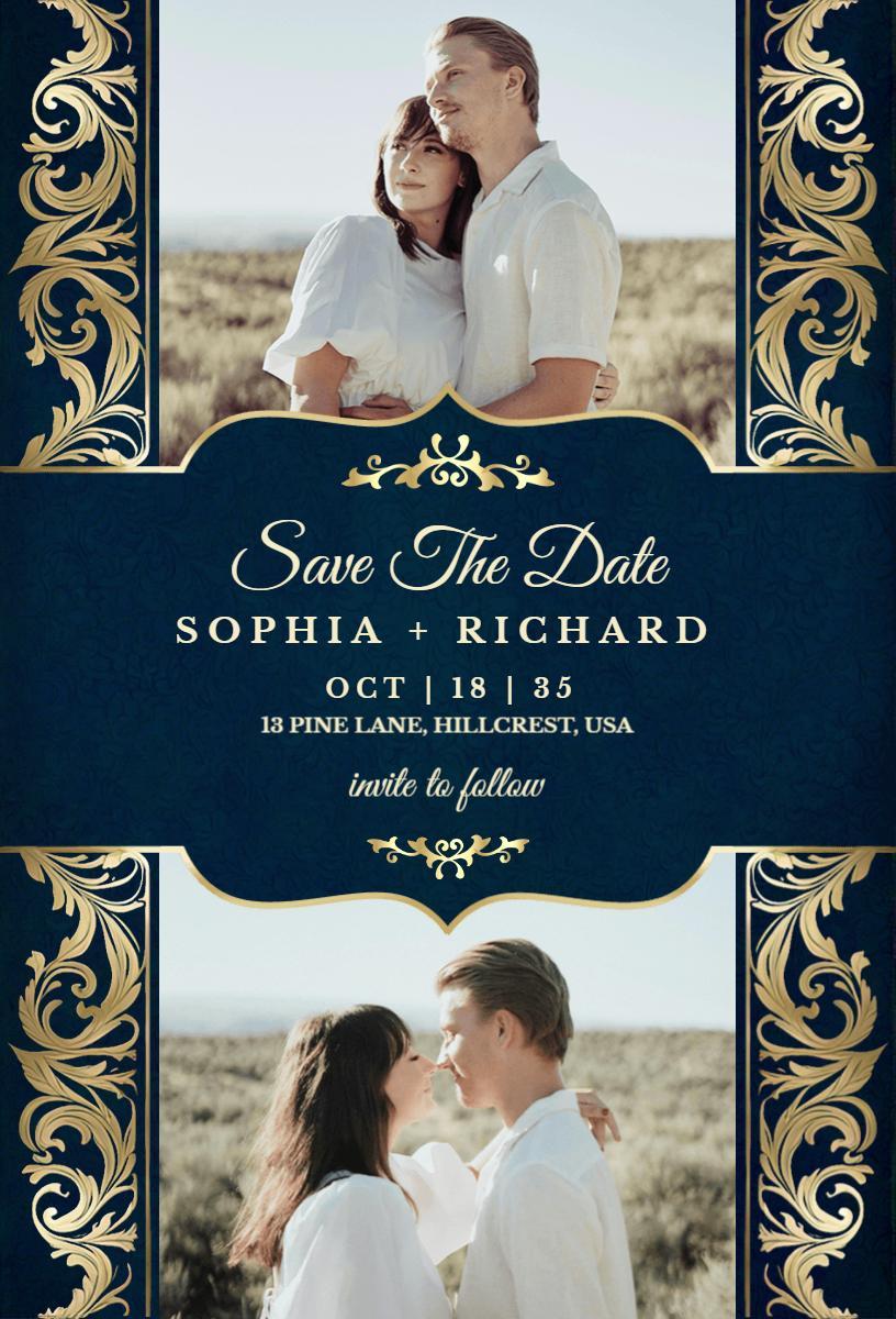 Elegant Floral Navy Blue Save The Date Invitation Template