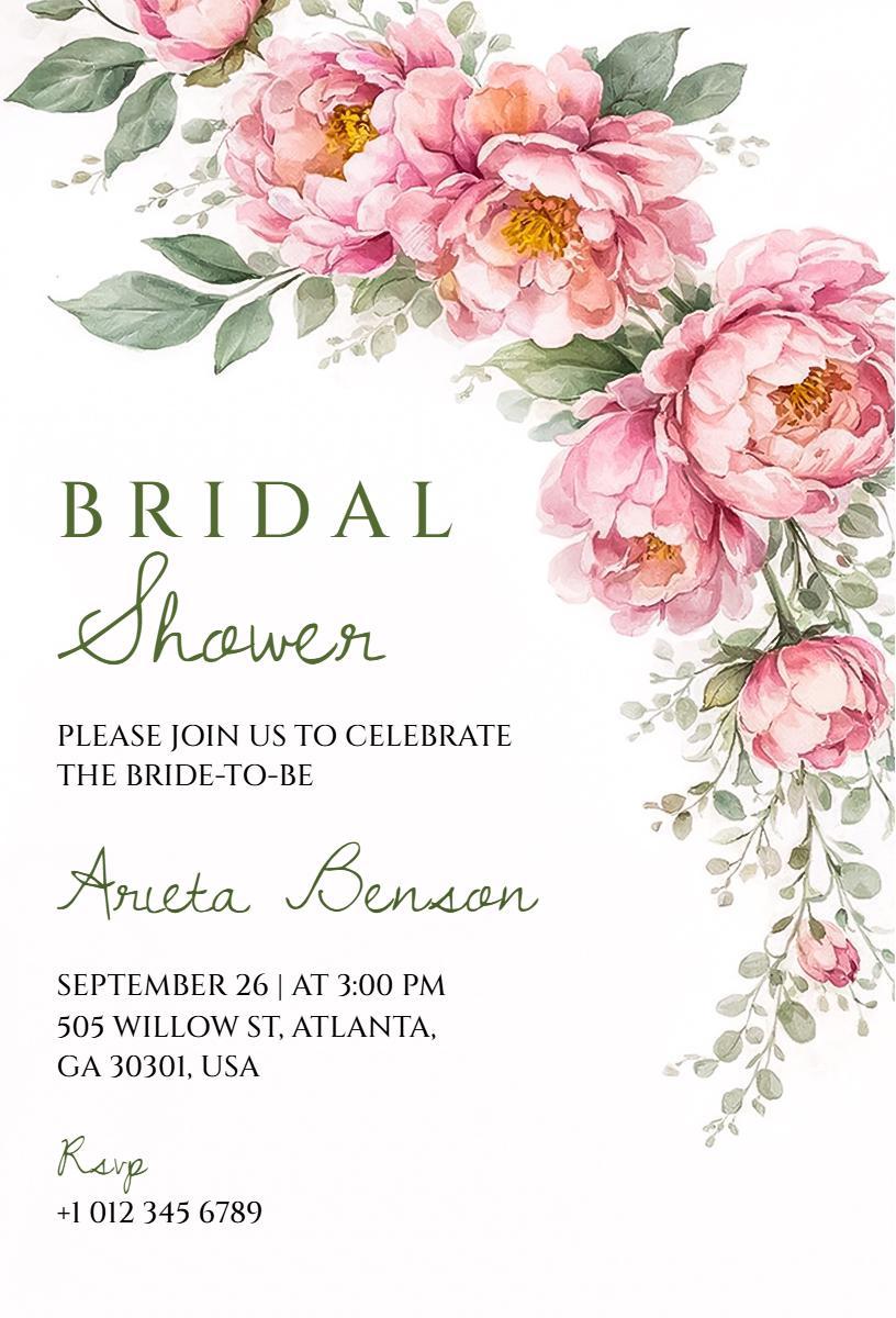 Elegant Floral Peony Bridal Shower Celebration Invitation Template