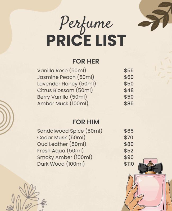 Elegant Floral Perfume Price List Poster Template