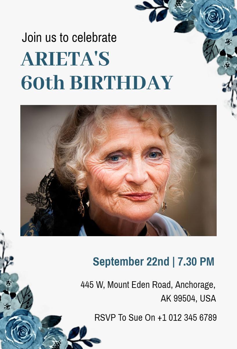 Elegant Floral Photo 60th Birthday Celebration Invitation Template