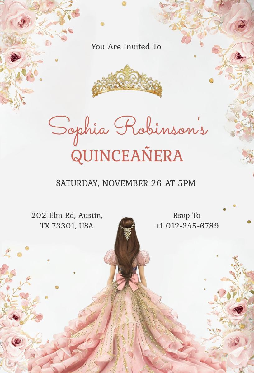Elegant Floral Pink Quinceanera Celebration Invitation Template