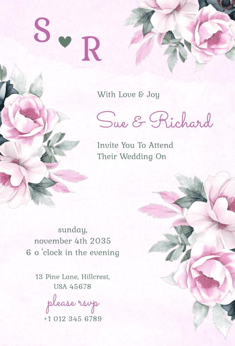 Elegant Floral Pink Wedding Celebration Invitation Template