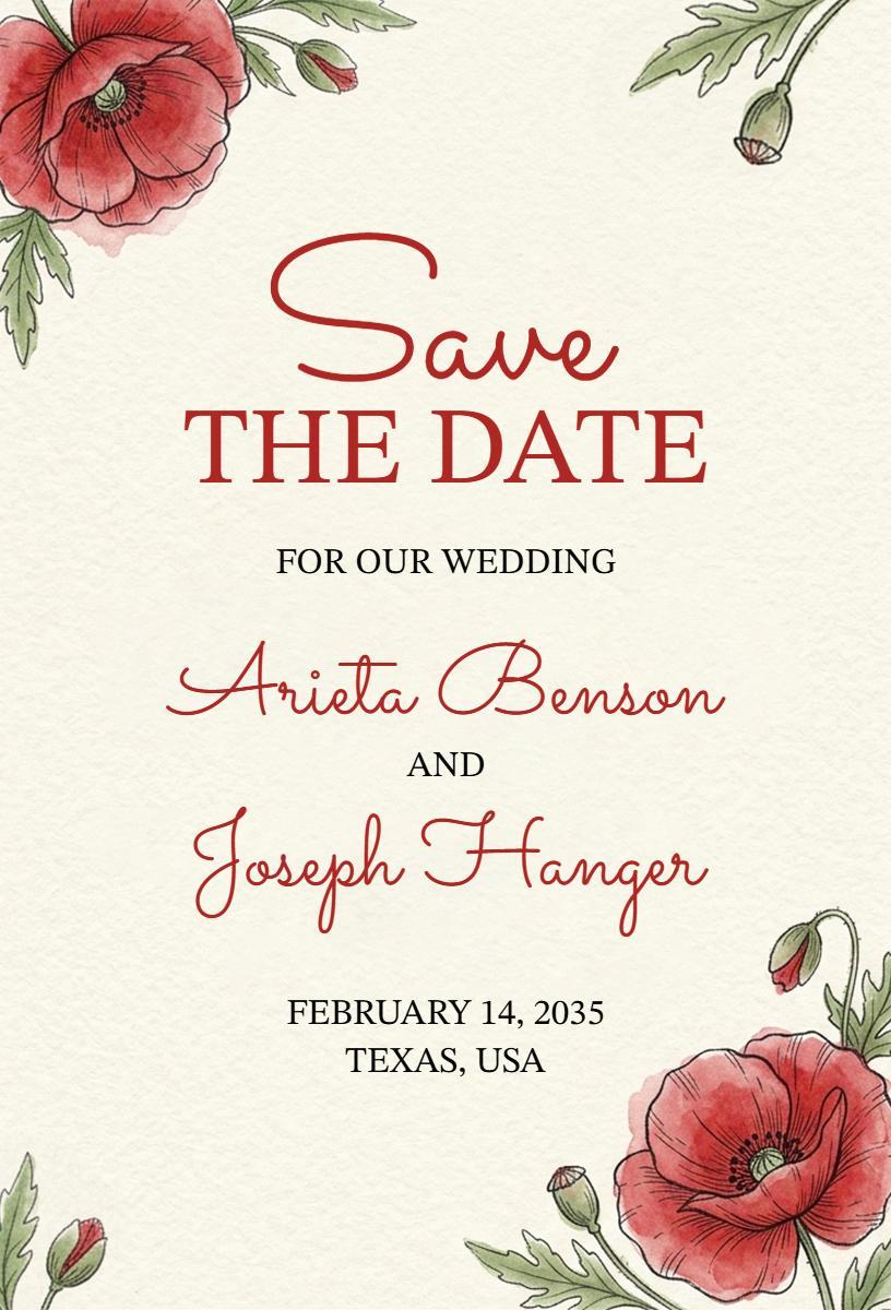 Elegant Floral Poppy Save The Date Wedding Invitation Template