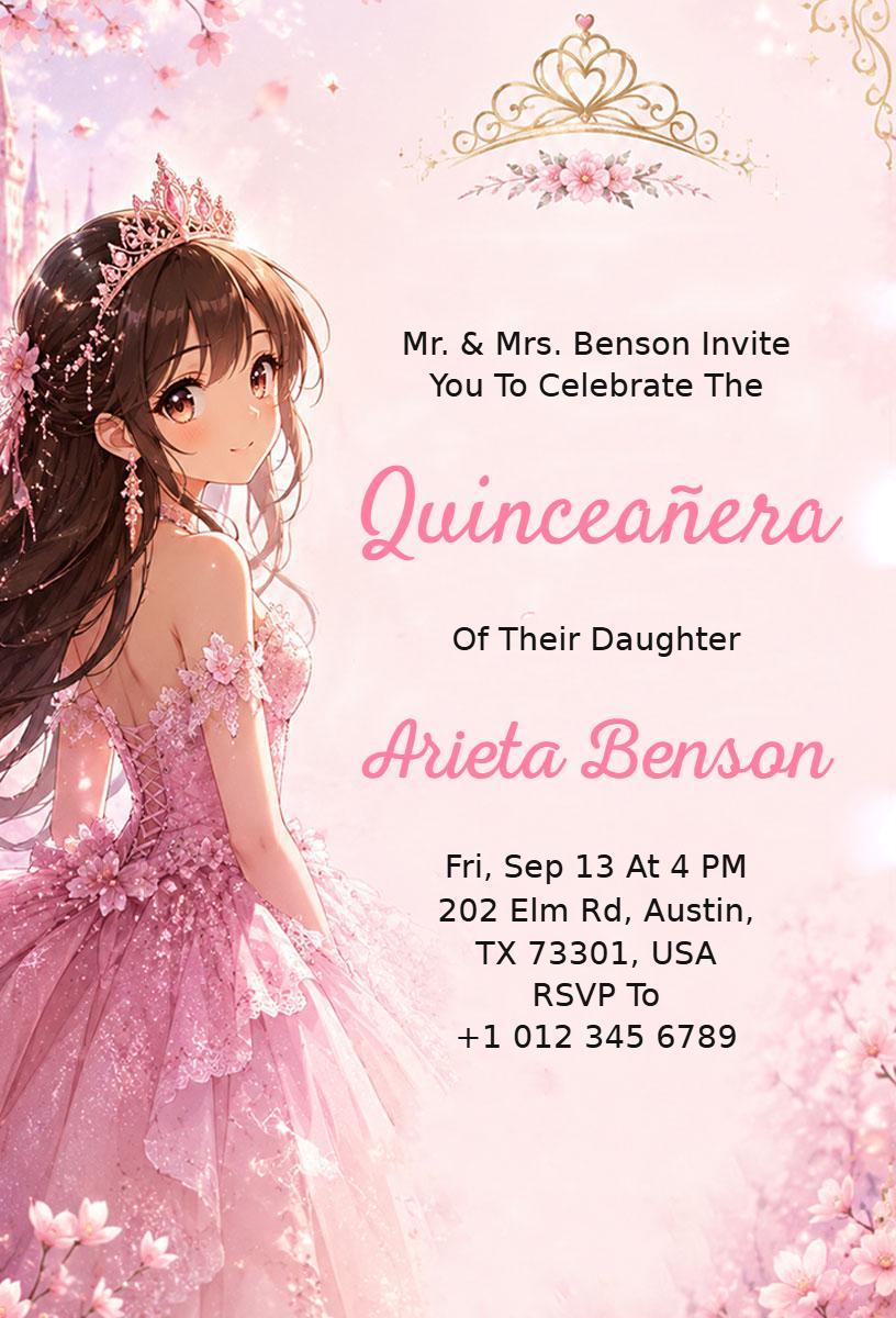 Elegant Floral Princess Quinceanera Celebration Invitation Template