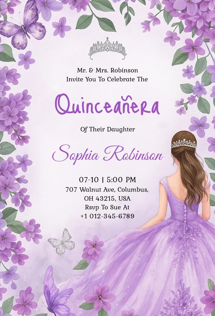 Elegant Floral Purple Quinceanera Celebration Invitation Template