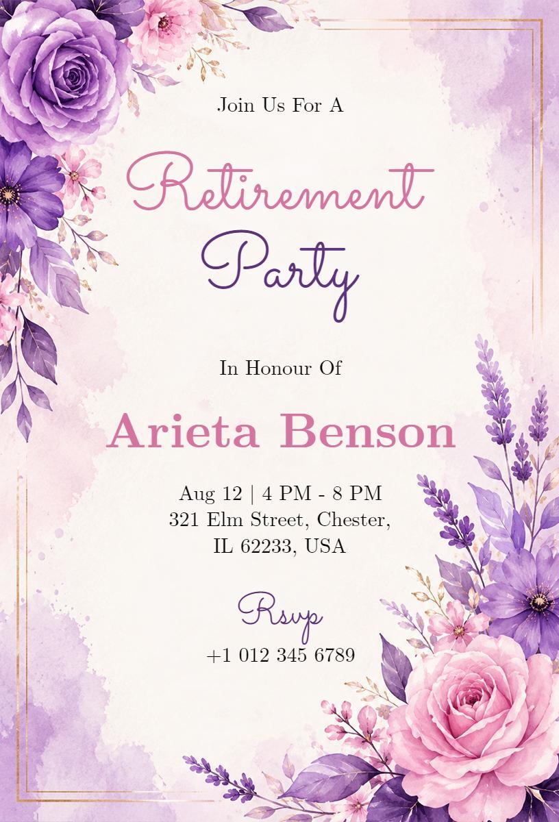 Elegant Floral Purple Retirement Party Celebration Invitation Template