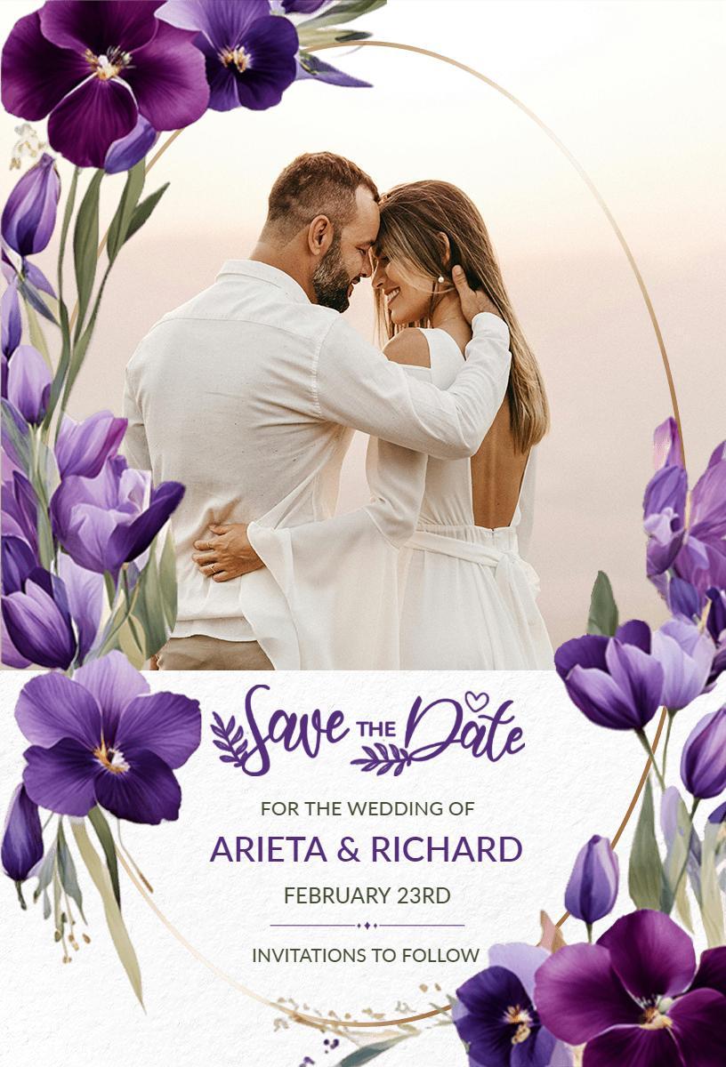 Elegant Floral Purple Save The Date Wedding Invitation Template