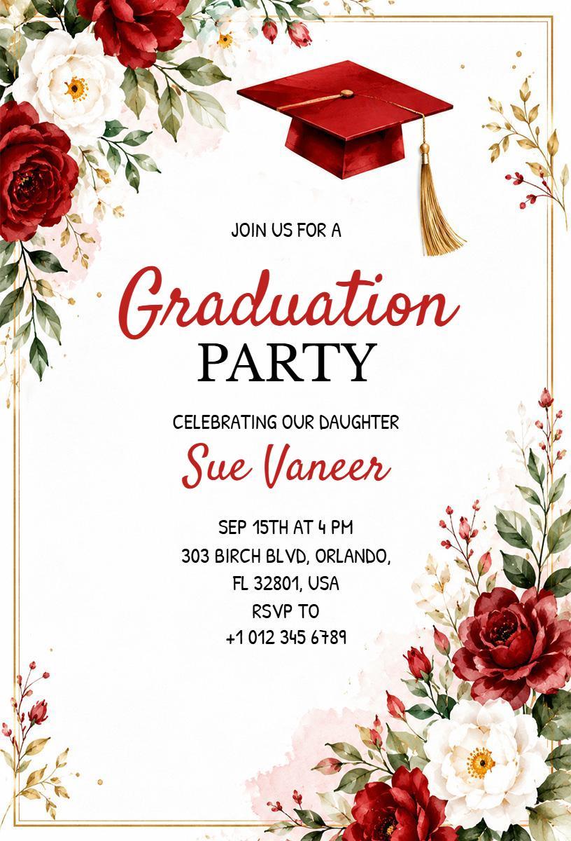Elegant Floral Red Graduation Celebration Party Invitation Template