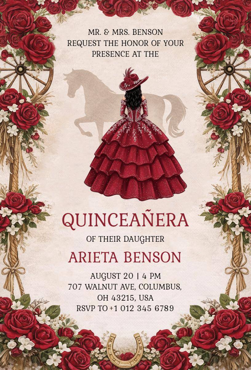 Elegant Floral Red Quinceanera Celebration Invitation Template