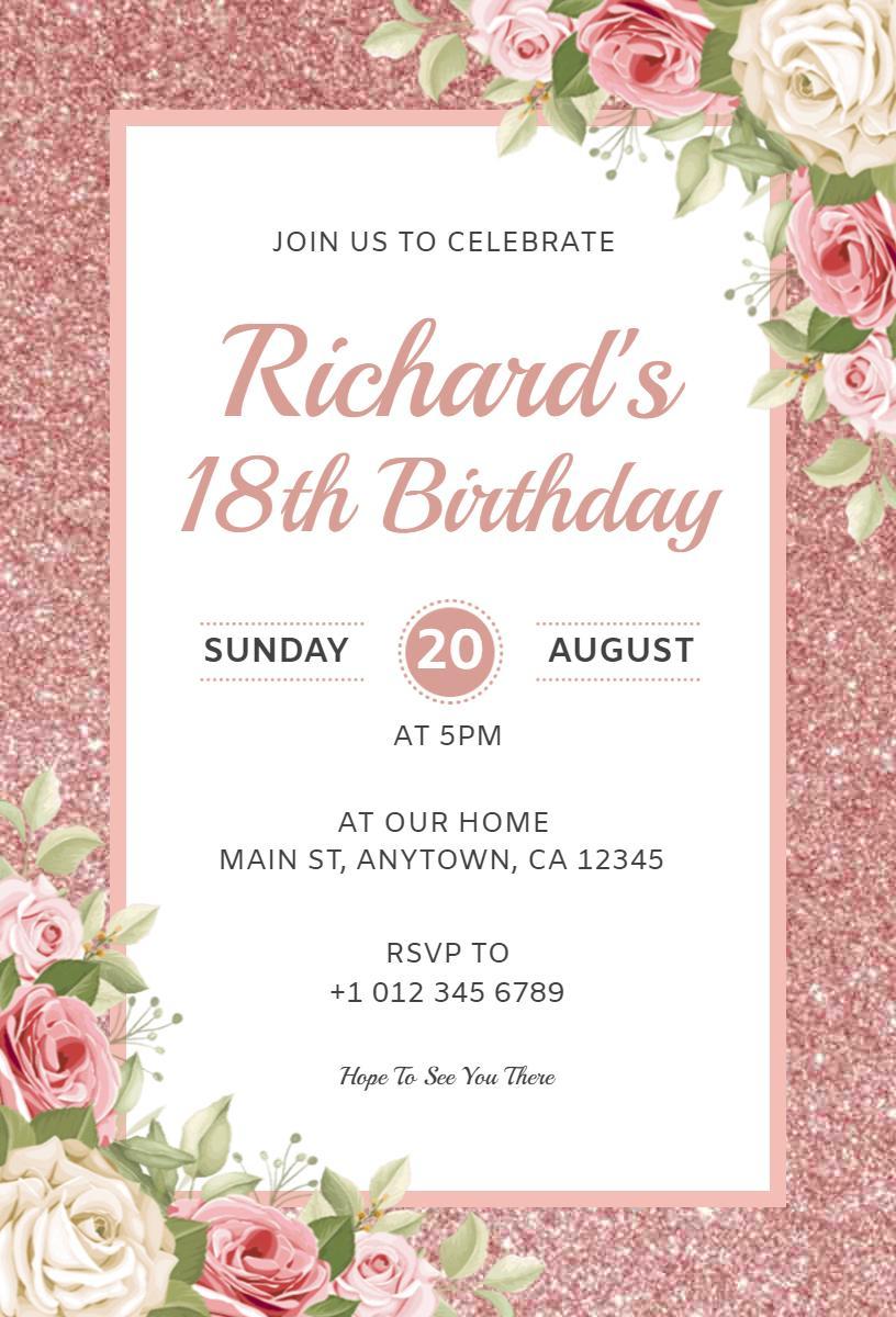 Elegant Floral Rose Gold 18th Birthday Celebration Invitation Template
