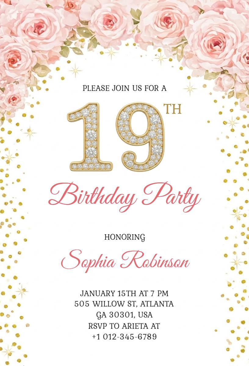 Elegant Floral Rose Gold 19th Birthday Celebration Invitation Template