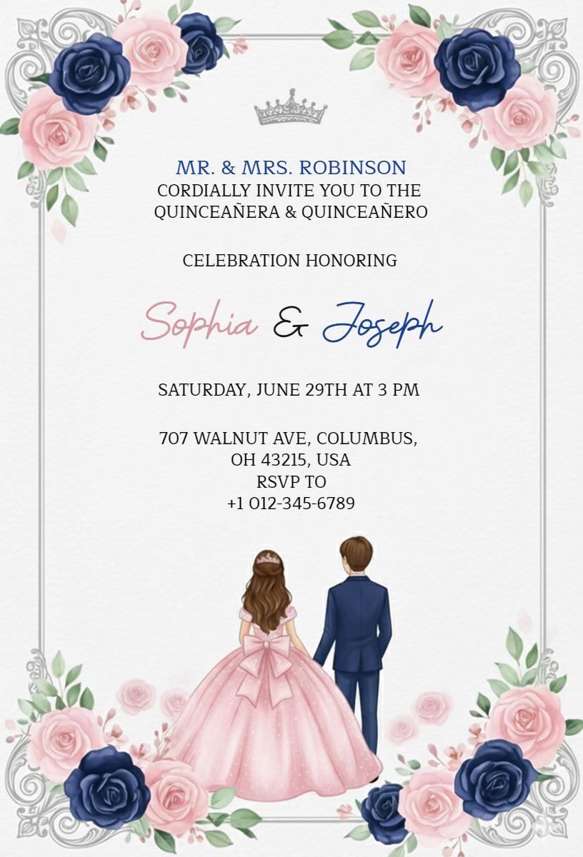 Elegant Floral Rose Quinceanera Celebration Invitation Template