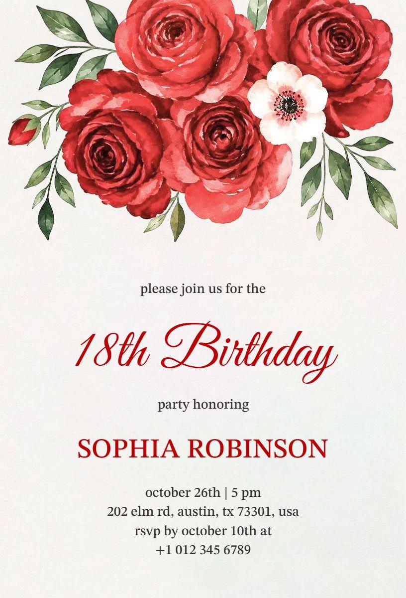 Elegant Floral Roses 18th Birthday Celebration Invitation Template