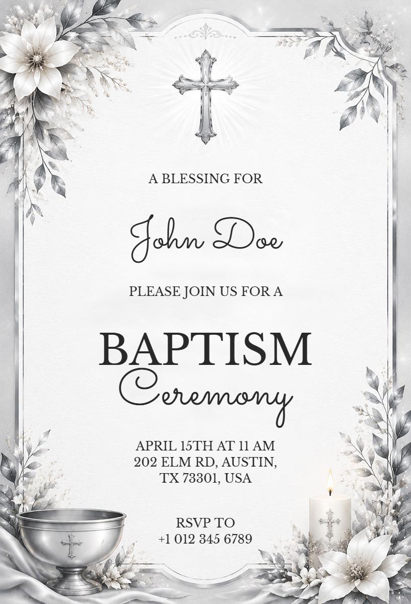 Elegant Floral Silver Baptism Ceremony Invitation Template
