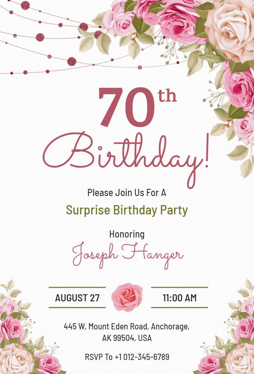 Elegant Floral Surprise 70th Birthday Celebration Invitation Template