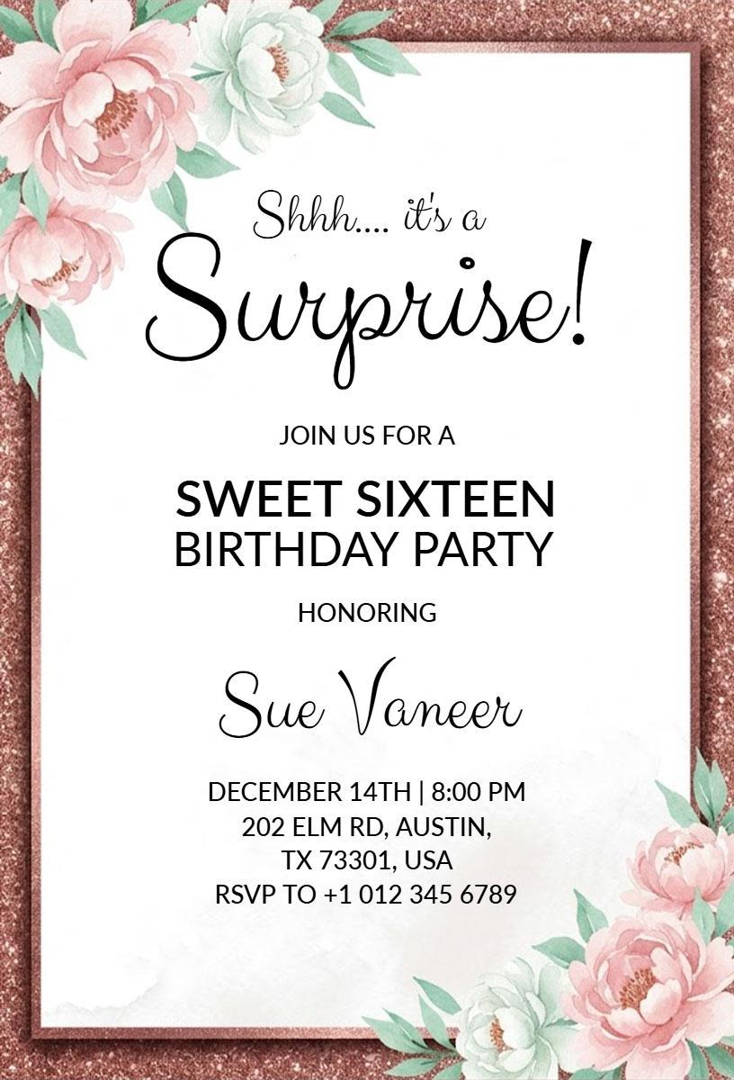 Elegant Floral Surprise Sweet 16 Birthday Invitation Template