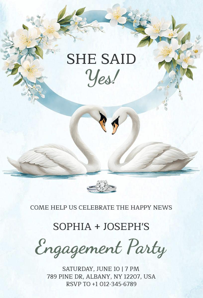 Elegant Floral Swan Theme Engagement Party Invitation Template