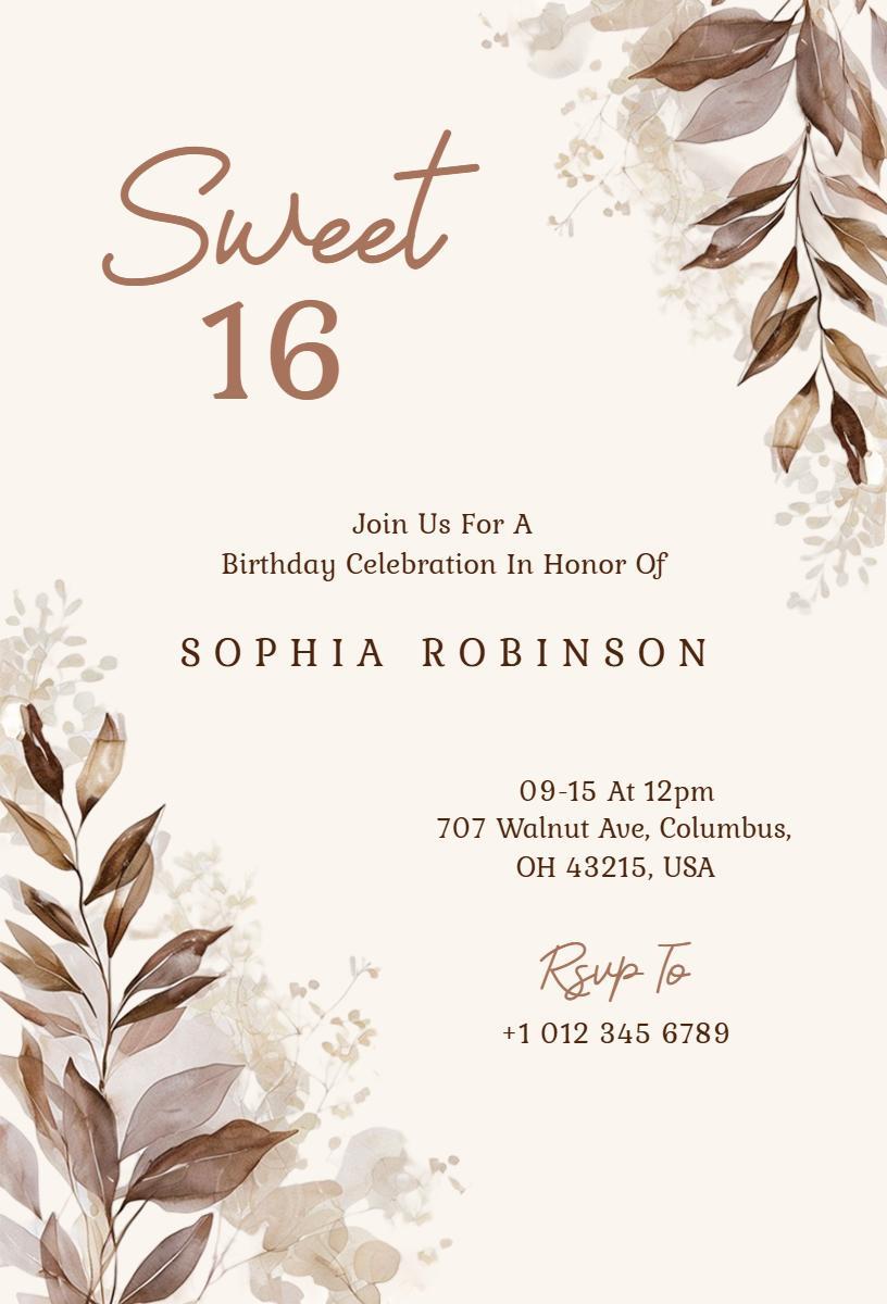 Elegant Floral Sweet 16 Birthday Celebration Invitation Template