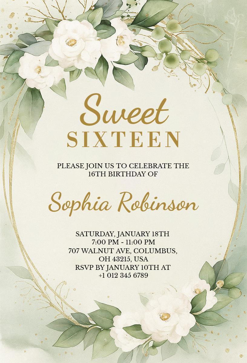 Elegant Floral Sweet Sixteen Birthday Celebration Invitation Template