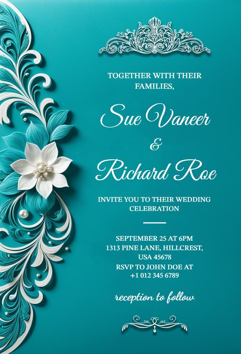 Elegant Floral Teal Wedding Celebration Invitation Template