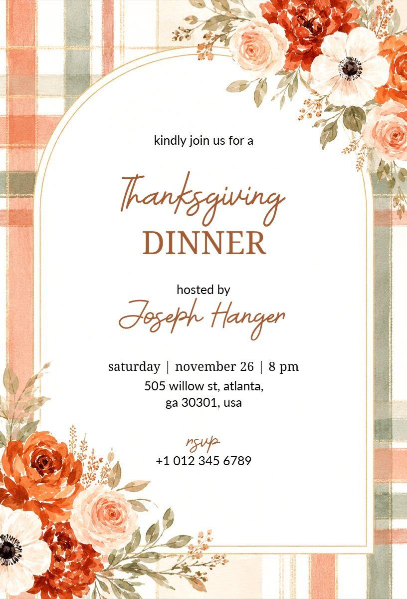 Elegant Floral Thanksgiving Dinner Gathering Invitation Template