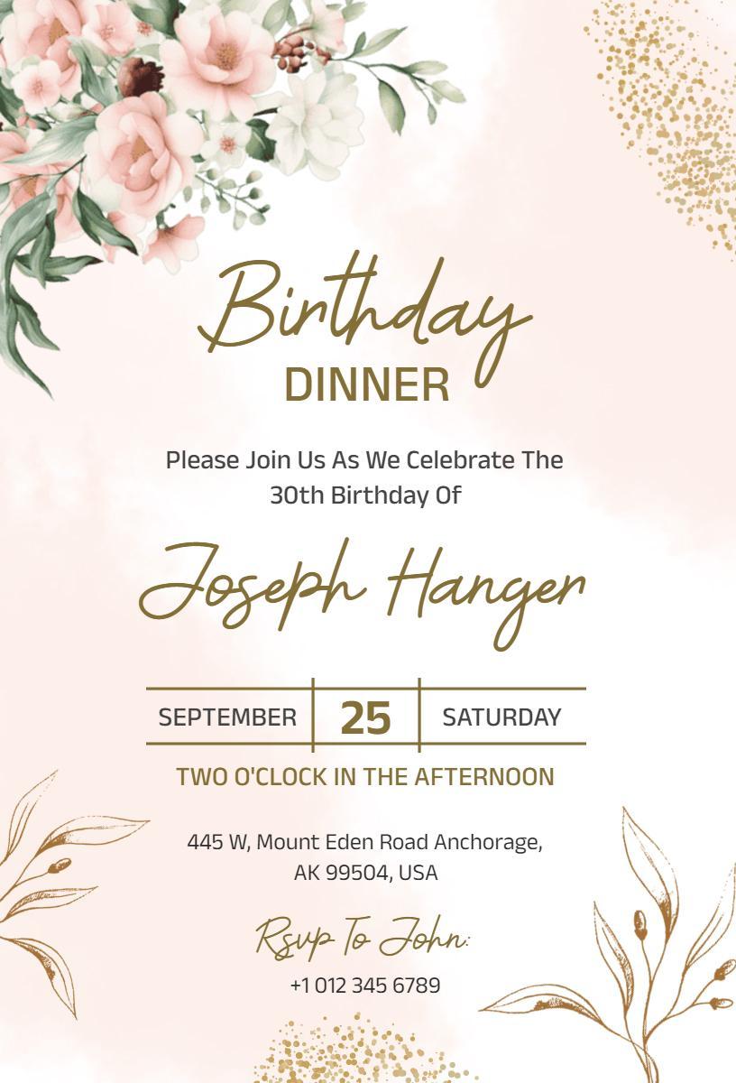Elegant Floral Themed Dinner Birthday Celebration Invitation Template