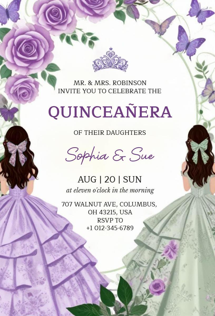 Elegant Floral Twin Daughters Quinceanera Invitation Template