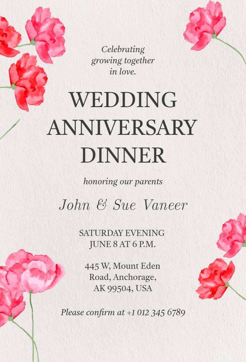 Elegant Floral Wedding Anniversary Dinner Celebration Invitation Template