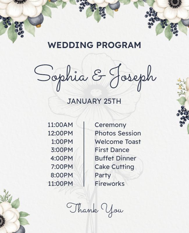 Elegant Floral Wedding Ceremony Agenda Flyer Template